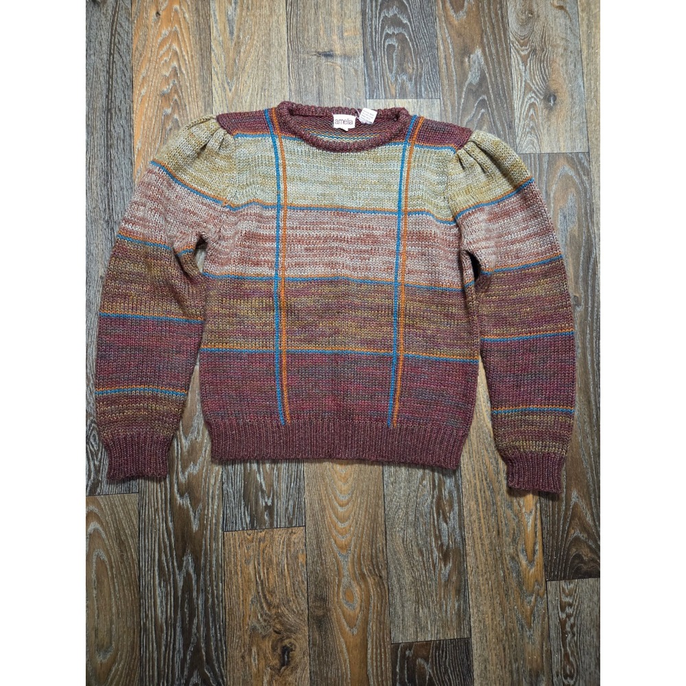 Vintage Amelia Ombre Plaid Puff Sleeve Knit Sweater Burgundy Rust Womens Medium